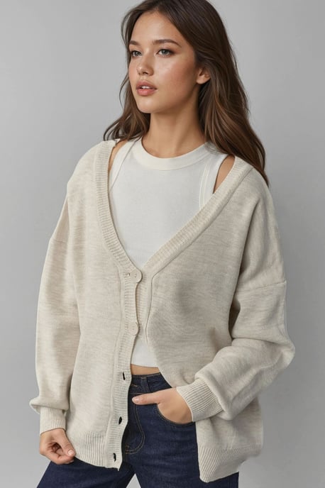 Oversized Geribbelde V-hals Knopen Cardigan - Image 3