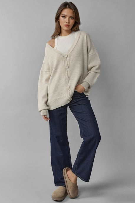 Oversized Geribbelde V-hals Knopen Cardigan - Image 4