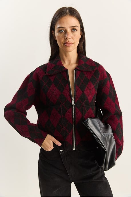 Thick Jacquard Knit Cardigan with Zipper - Image 2