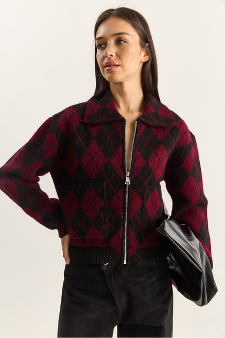 Thick Jacquard Knit Cardigan with Zipper - Image 3