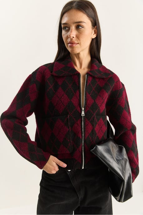 Thick Jacquard Knit Cardigan with Zipper - Image 4