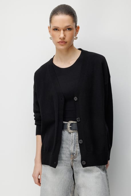 Long Ribbed Knitwear Cardigan with V-neck and Button Closure - Image 1
