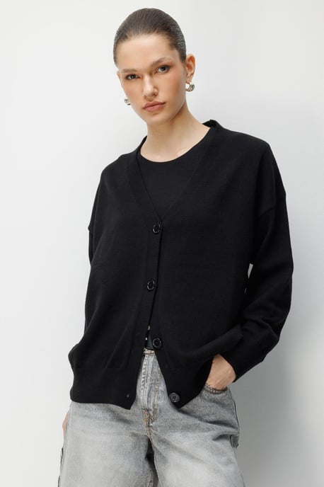 Long Ribbed Knitwear Cardigan with V-neck and Button Closure - Image 2