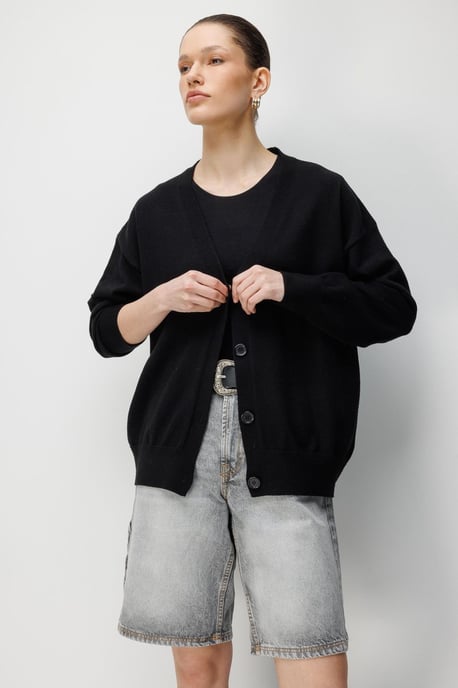 Long Ribbed Knitwear Cardigan with V-neck and Button Closure - Image 3