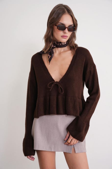 Tie Detailed Ruffled V-Neck Knit Sweater - Image 1