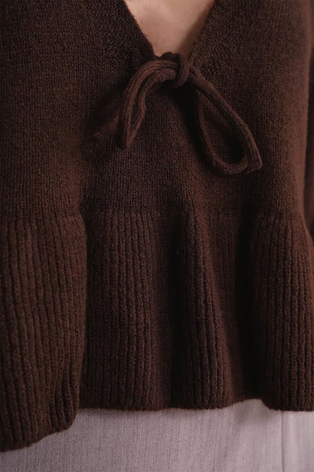Tie Detailed Ruffled V-Neck Knit Sweater - Image 6