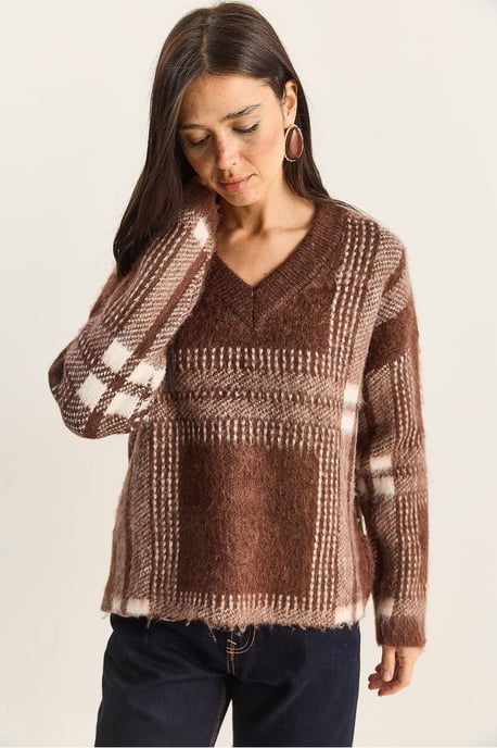 Plaid V-Neck Long Sleeve Knit Sweater - Image 1