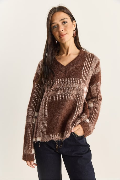 Plaid V-Neck Long Sleeve Knit Sweater - Image 2