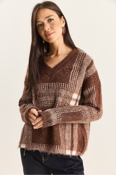 Plaid V-Neck Long Sleeve Knit Sweater - Image 4