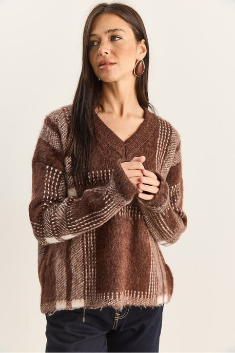 Plaid V-Neck Long Sleeve Knit Sweater - Image 5