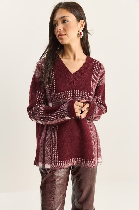 Plaid V-Neck Long Sleeve Knit Sweater - Image 2