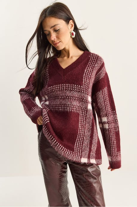 Plaid V-Neck Long Sleeve Knit Sweater - Image 3