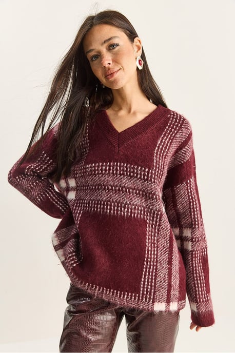 Plaid V-Neck Long Sleeve Knit Sweater - Image 5