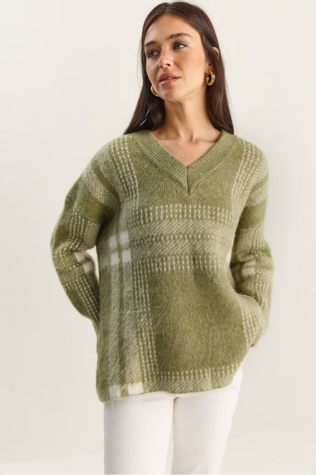 Plaid V-Neck Long Sleeve Knit Sweater - Image 1