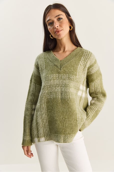 Plaid V-Neck Long Sleeve Knit Sweater - Image 2