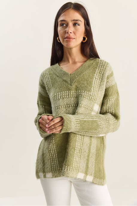 Plaid V-Neck Long Sleeve Knit Sweater - Image 3