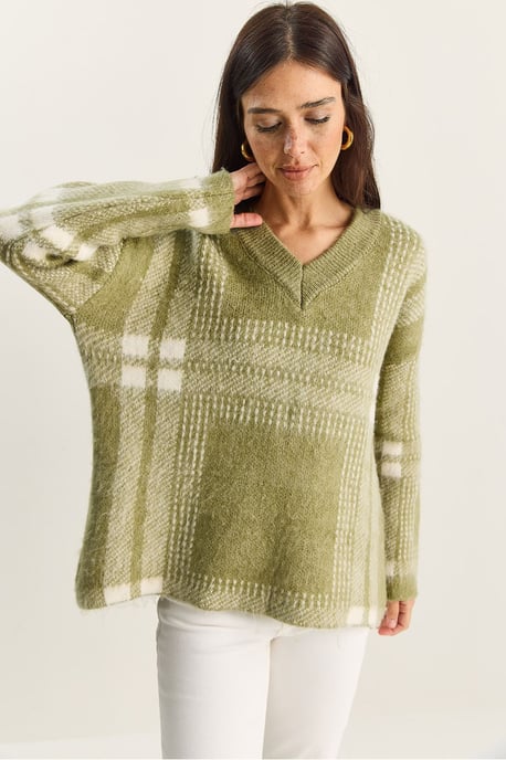 Plaid V-Neck Long Sleeve Knit Sweater - Image 4