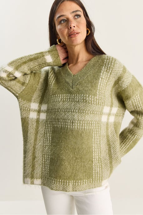 Plaid V-Neck Long Sleeve Knit Sweater - Image 5