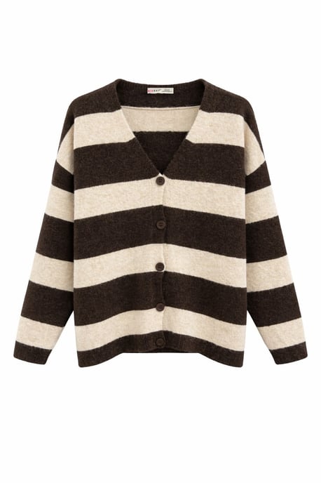 Gestreepte V-hals Knopenfront Brei Cardigan - Image 1