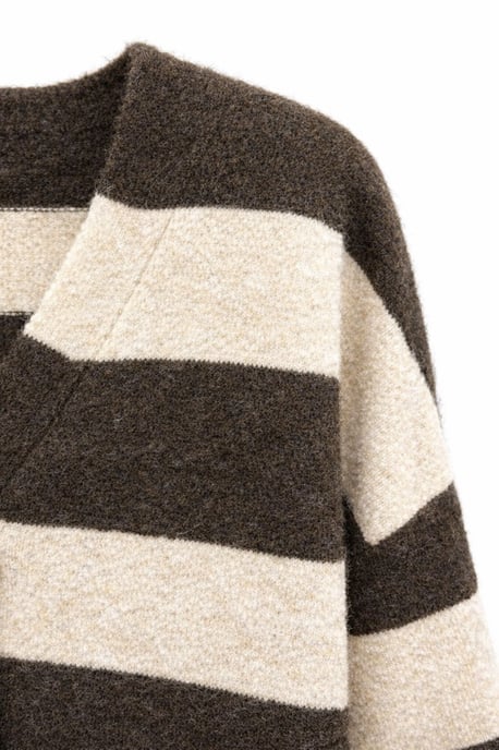 Gestreepte V-hals Knopenfront Brei Cardigan - Image 2