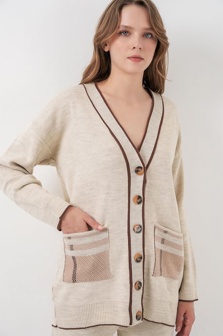 Pocket Detailed V-neck Cardigan and Wide Leg Pants Set - Image 3