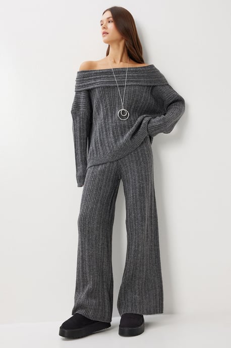 Off-Shoulder Ribbad Stickad Tvådelad Set - Image 1