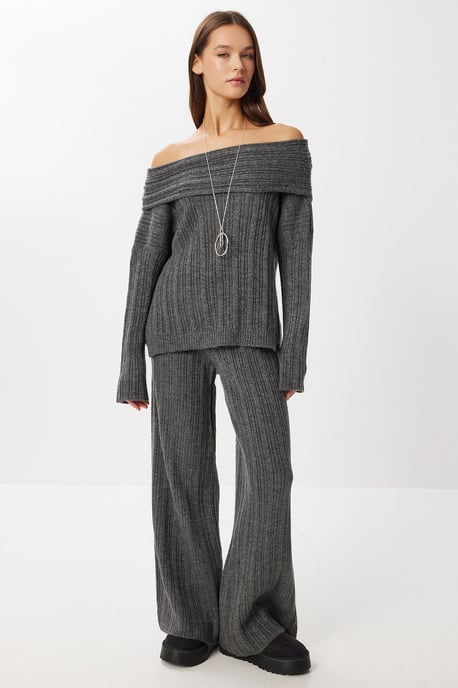 Off-Shoulder Ribbad Stickad Tvådelad Set - Image 2