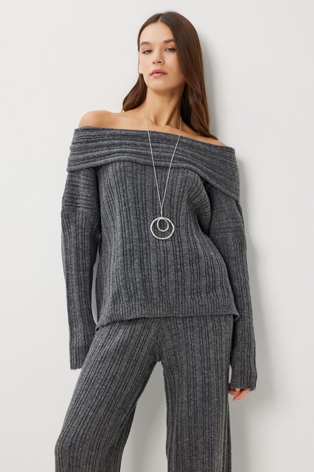 Off-Shoulder Ribbad Stickad Tvådelad Set - Image 3