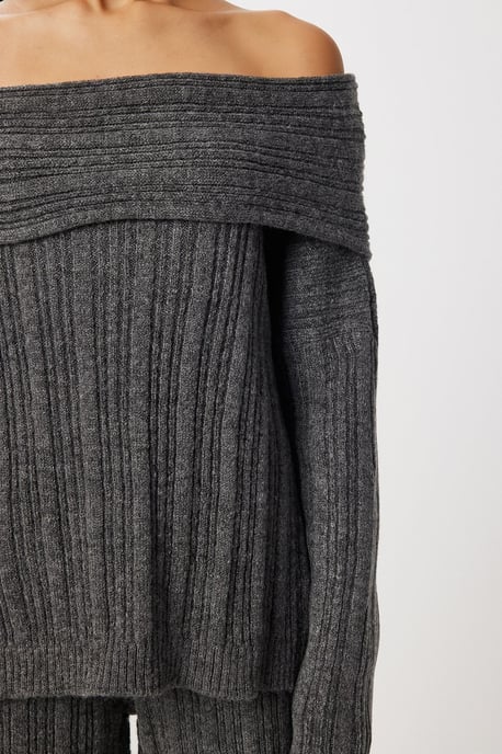 Off-Shoulder Ribbad Stickad Tvådelad Set - Image 4
