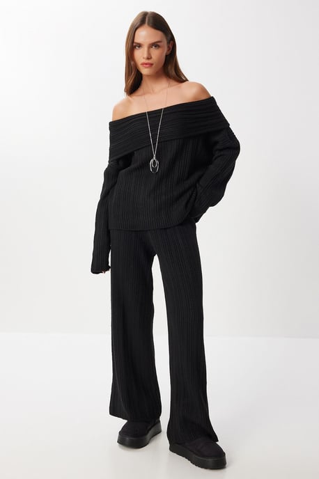 Off-shoulder ribbad stickad tvådelad set - Image 2