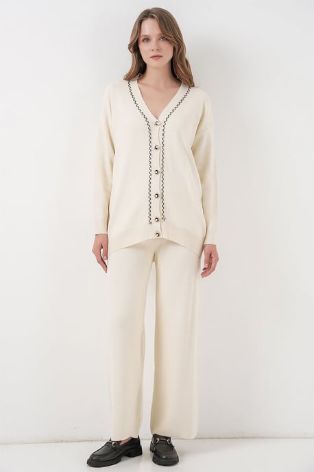 V-Neck Cardigan and Wide Leg Pants Set - Image 1