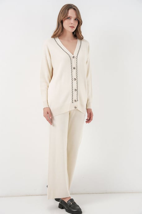 V-Neck Cardigan and Wide Leg Pants Set - Image 4