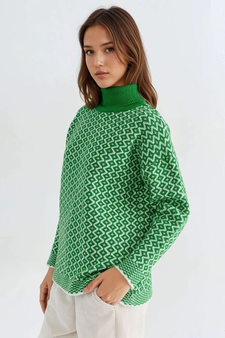 Lång polokrage stickad tröja med geometriskt mönster - Image 4