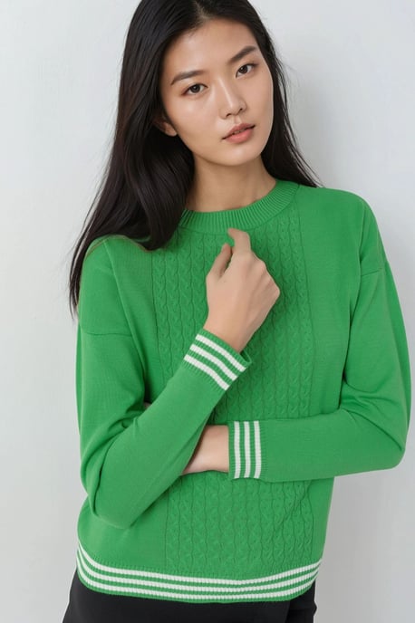 Crew Neck Sweater with Hair Braid Pattern - Image 1