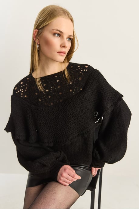 Ribbed Boat Neck Thick Sweater with Frilly Detail - Image 1