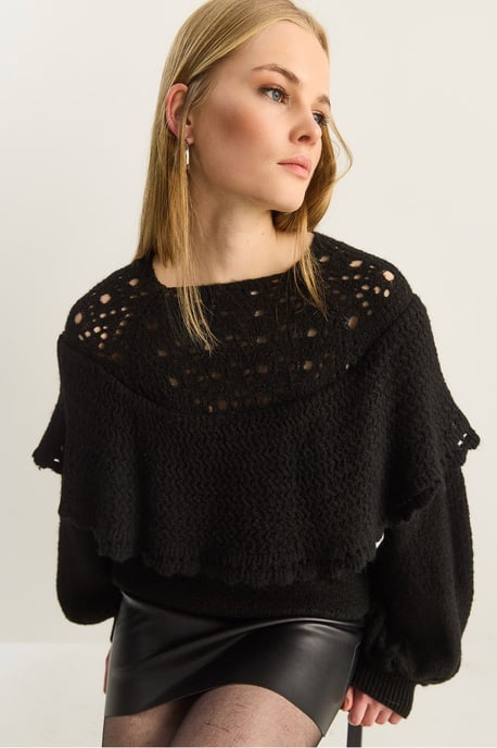 Ribbed Boat Neck Thick Sweater with Frilly Detail - Image 2