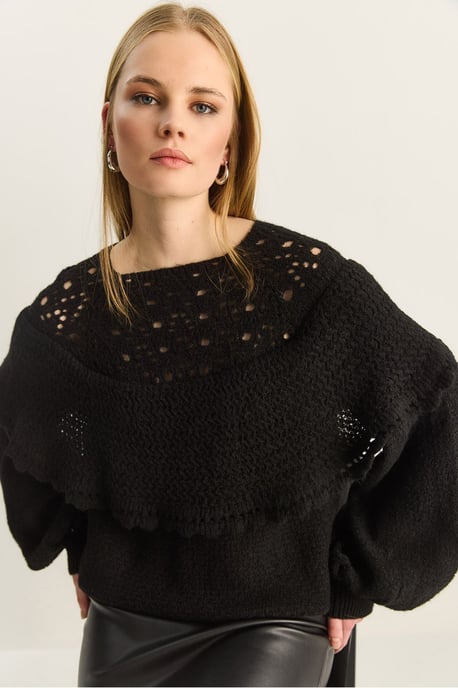 Ribbed Boat Neck Thick Sweater with Frilly Detail - Image 3