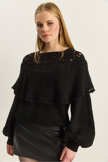 Ribbed Boat Neck Thick Sweater with Frilly Detail - Image 6