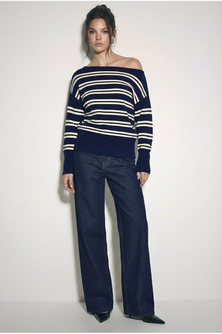 Off Shoulder Striped Ribbed Sweater - Image 1