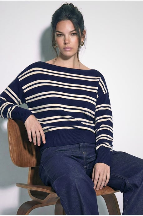 Off Shoulder Striped Ribbed Sweater - Image 2