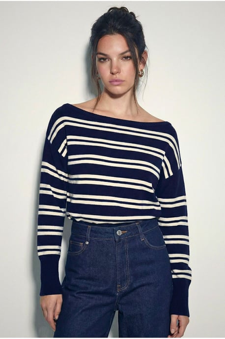 Off Shoulder Striped Ribbed Sweater - Image 4