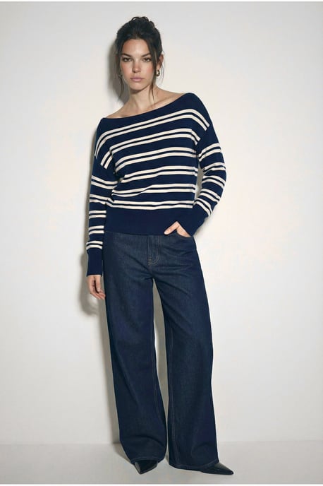 Off Shoulder Striped Ribbed Sweater - Image 5