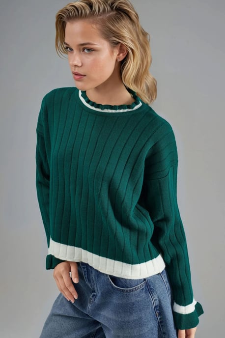 Striped Knit Sweater with Crew Neck - Image 1