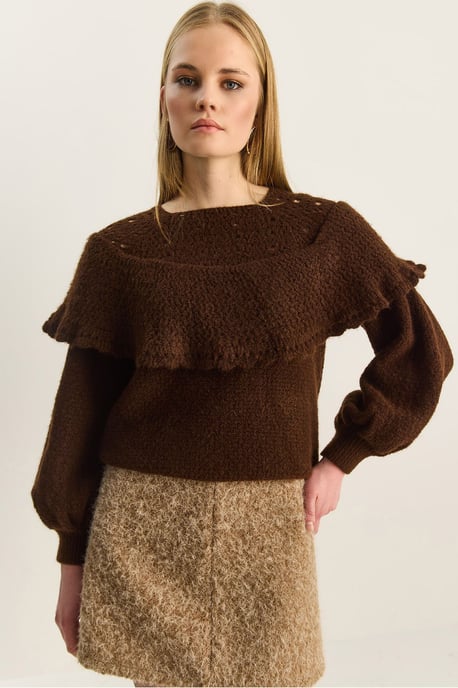 Ribbad Båthals Tjock Tröja med Fluffig Detalj - Image 3