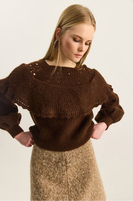 Ribbad Båthals Tjock Tröja med Fluffig Detalj - Image 4
