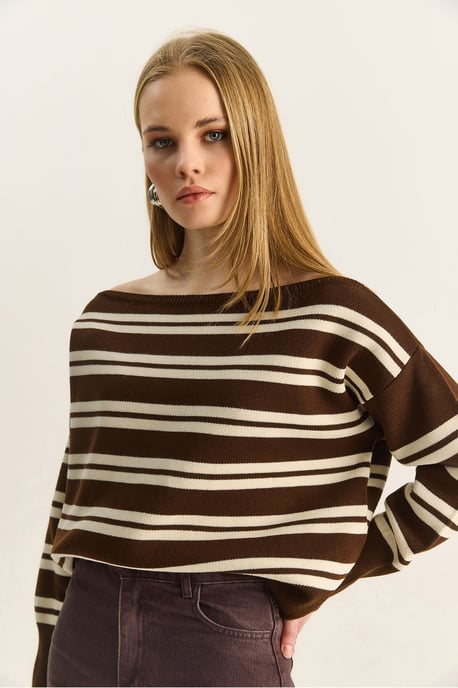 Off Shoulder Striped Ribbed Sweater - Image 3