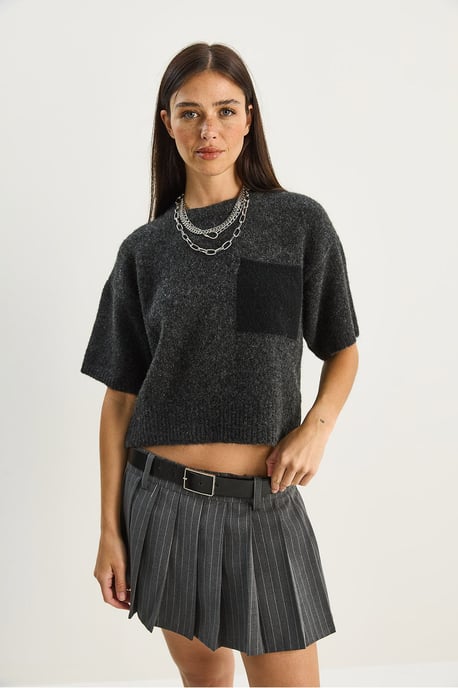 Överdimensionerad Crew Neck Stickad Tröja med Ficka - Image 4