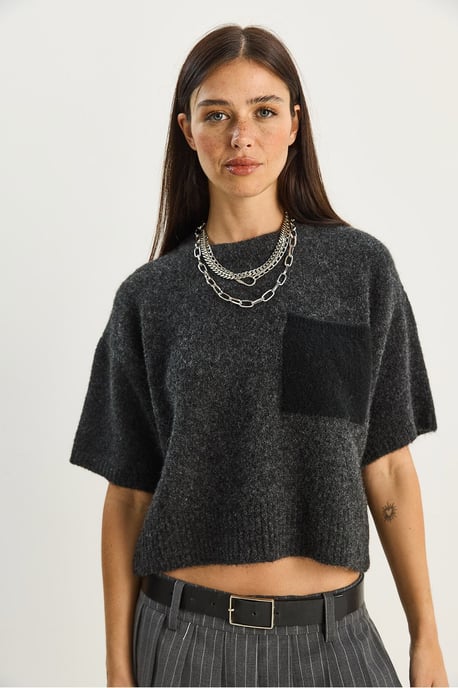 Överdimensionerad Crew Neck Stickad Tröja med Ficka - Image 5