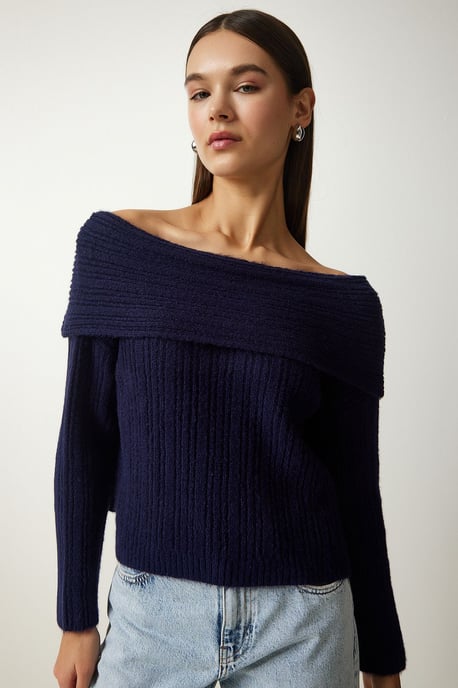 Bekväm Off Shoulder Texturerad Stickad Tröja med Madonna Krage - Image 4