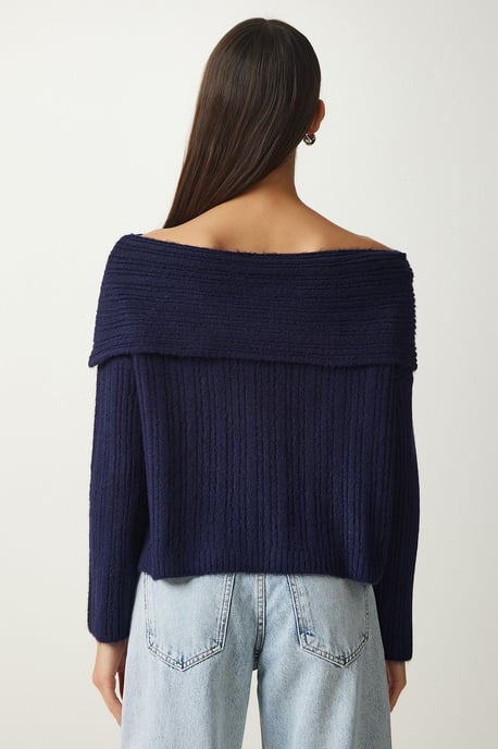 Bekväm Off Shoulder Texturerad Stickad Tröja med Madonna Krage - Image 6